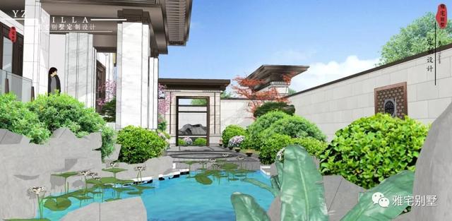 河北兩層新中式合院別墅設計圖，24x35米，前庭后院，小橋流水