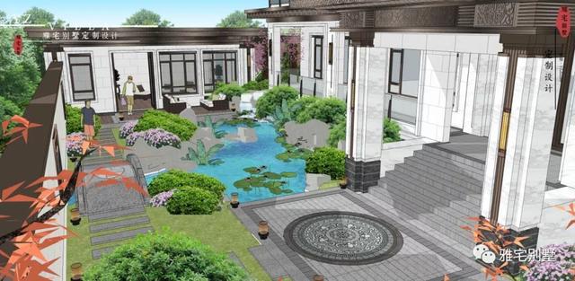 河北兩層新中式合院別墅設計圖，24x35米，前庭后院，小橋流水