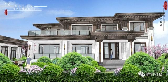 河北兩層新中式合院別墅設計圖，24x35米，前庭后院，小橋流水