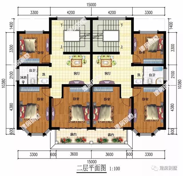 寬15-16米左右的農村別墅設計圖，這兩款兩層和三層的雙拼戶型，是屬于中等類型的。