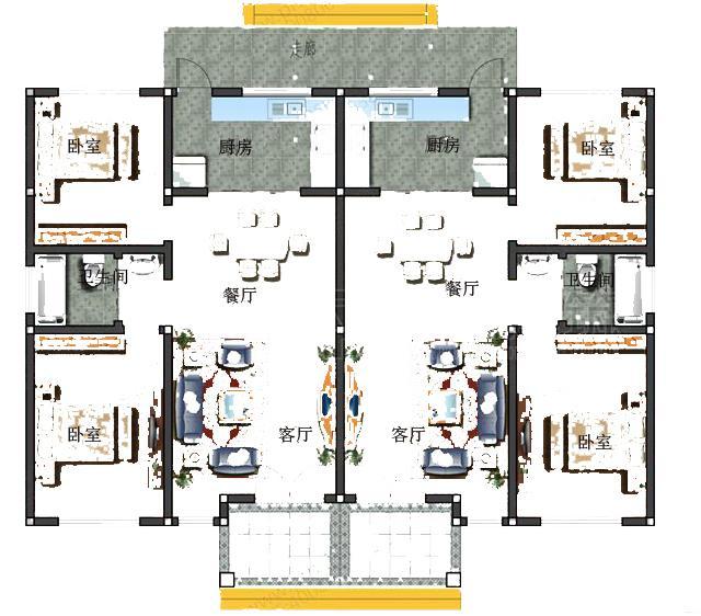 農(nóng)村一層雙拼別墅設(shè)計(jì)圖，室內(nèi)設(shè)計(jì)都非常合理，符合農(nóng)村的風(fēng)景布局