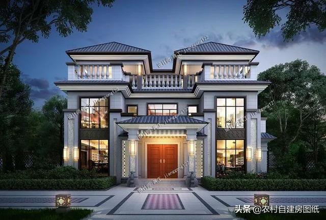 新中式三合院別墅設計圖，整個外觀都非常的有質感