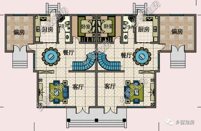 農(nóng)村兩層兄弟雙拼自建別墅設(shè)計(jì)圖，帶旋轉(zhuǎn)樓梯，看起來氣派豪華