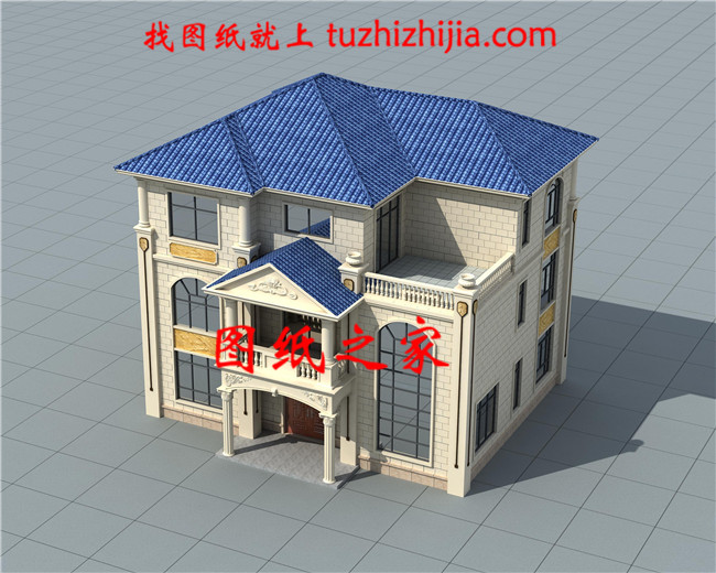 農村歐式三層帶露臺自建別墅,乳白色的真石漆外觀