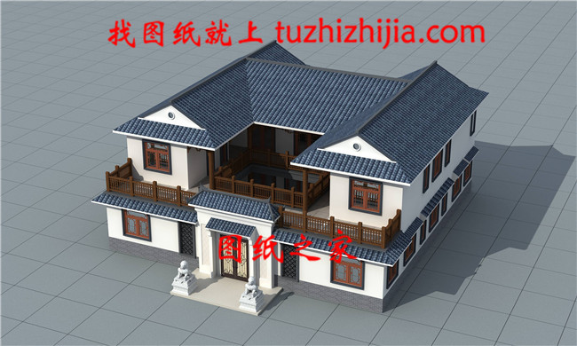 型中式二層四合院別墅設計圖，左右對稱設計