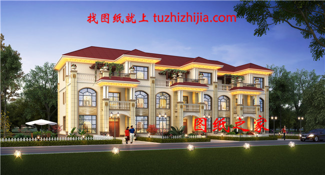 最新農村三層三拼三戶別墅設計戶型圖效果圖