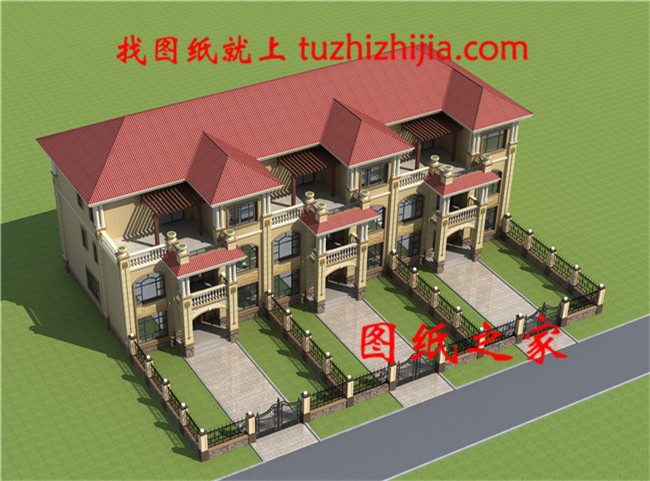 最新農村三層三拼三戶別墅設計戶型圖效果圖