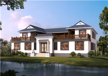 鄉村典型自建房中式二層四合院別墅設計圖，左右對稱設計