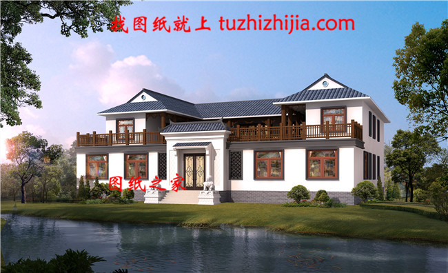 鄉村典型中式二層四合院別墅設計圖，左右對稱設計