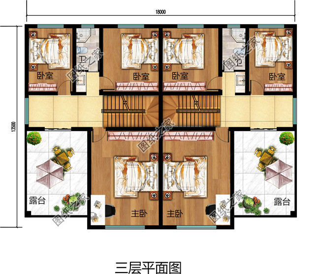 經典三層雙拼房屋設計圖，帶效果圖，戶型好，單戶面積120