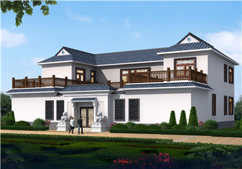 鄉村新中式二層四合院別墅設計圖，帶庭院和露臺，21X17米