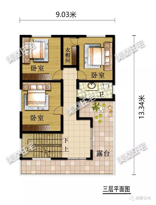 開間9米平屋頂三層小洋樓房子設計圖，時候農村自建