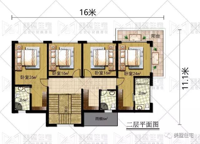 占地147平的簡歐4間二層別墅戶型方案，樓梯有特色