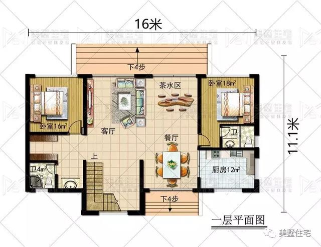 占地147平的簡歐4間二層別墅戶型方案，樓梯有特色