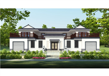 帶雙車庫的新中式二層四合院別墅設計圖，戶型布局實用