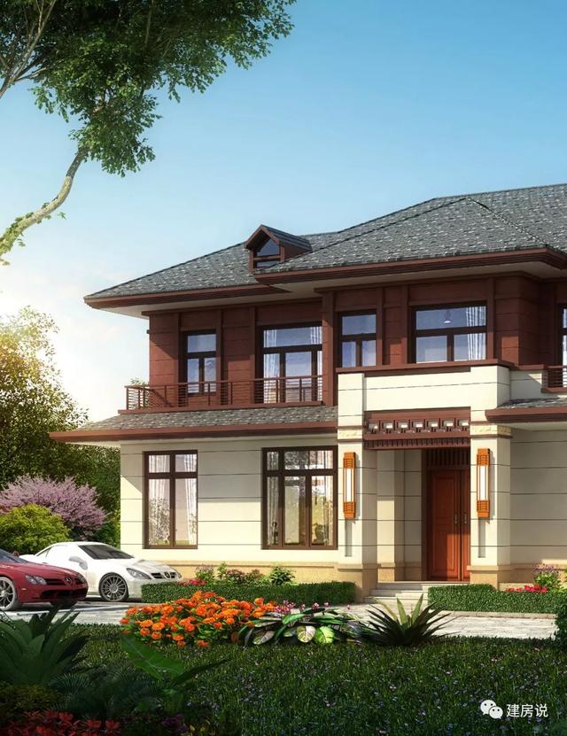 四間兩層新中式農村別墅自建房戶型圖，外觀時尚