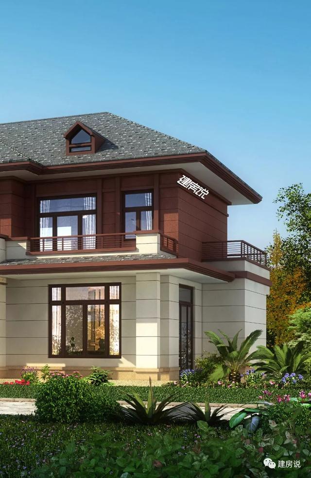 四間兩層新中式農村別墅自建房戶型圖，外觀時尚