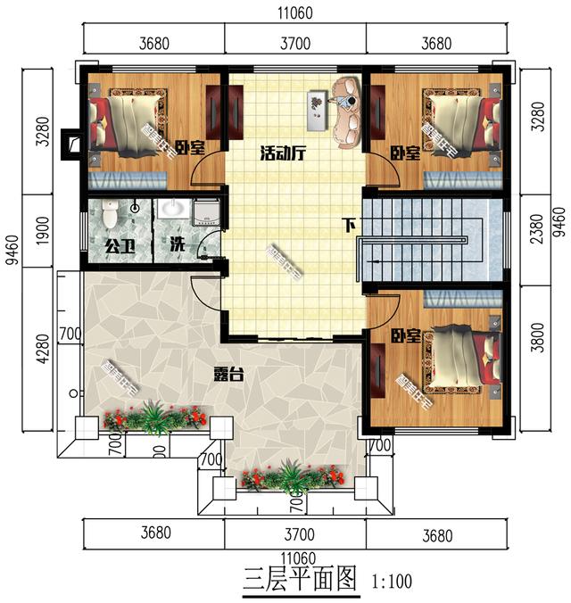 11×9.46米新中式外觀風格的三層別墅樓房戶型，大氣