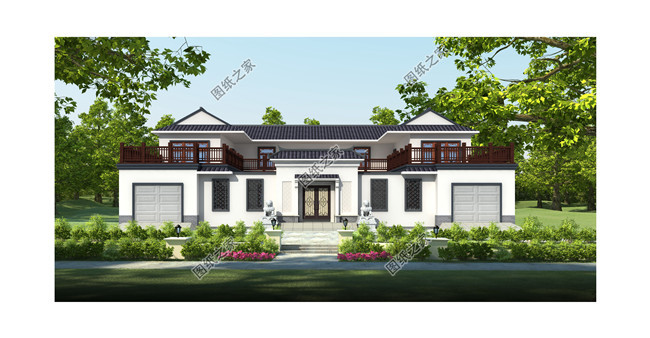 帶雙車庫的新中式二層四合院別墅設計圖