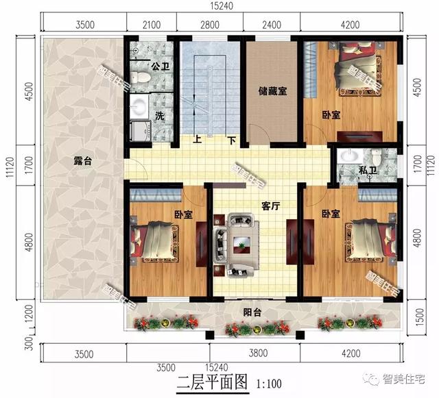 15.2×11.1米三層鄉村小樓房方案圖，簡單造型