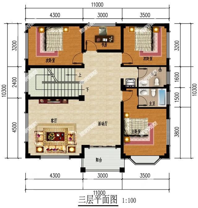 兩棟開間11米左右的四層別墅戶型圖，一個坡屋頂一個平屋頂