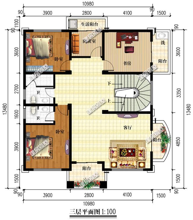 兩棟開間11米左右的四層別墅戶型圖，一個坡屋頂一個平屋頂