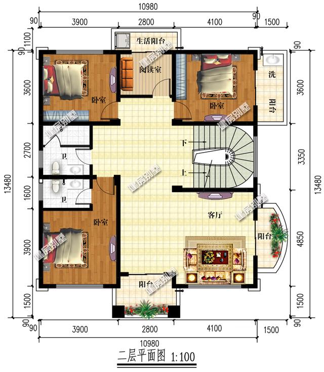 兩棟開間11米左右的四層別墅戶型圖，一個坡屋頂一個平屋頂