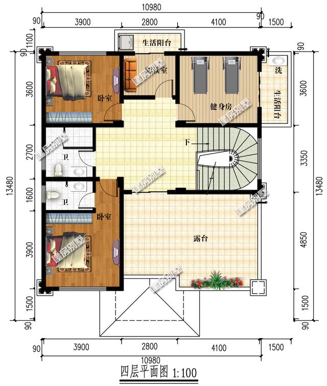 兩棟開間11米左右的四層別墅戶型圖，一個坡屋頂一個平屋頂
