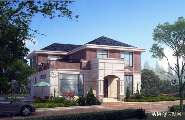 開間11.8米面寬14.5米二層鄉村簡歐別墅圖，外觀配色協調