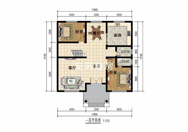 11.8米進深11.1米二層簡歐房子鄉村戶型圖，簡潔、大方
