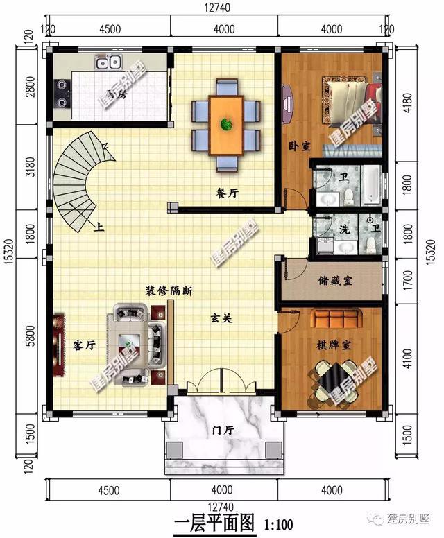 寬12-13米之間的農村三層別墅圖片，旋轉樓梯+落地窗