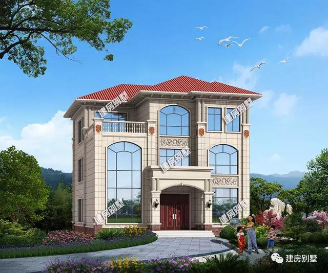 寬12-13米之間的農村三層別墅圖片，旋轉樓梯+落地窗