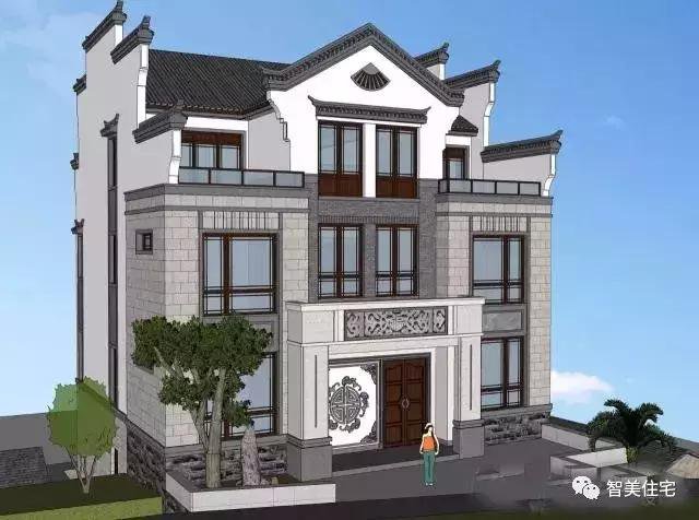 幾款徽派風格別墅效果圖片，白墻灰瓦馬頭墻