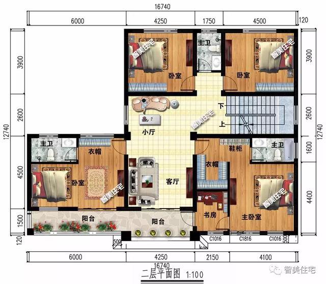 16.7×12.7米新中式四層別墅戶型方案圖，平屋頂設計