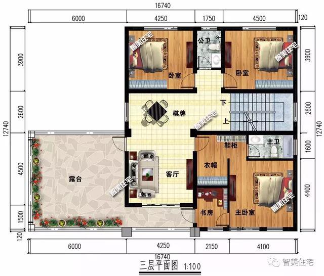 16.7×12.7米新中式四層別墅戶型方案圖，平屋頂設計