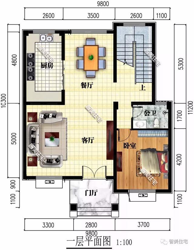 鄉村9.8×11.2米自建住宅方案戶型圖，配色適合農村