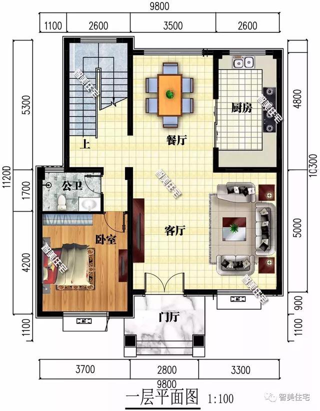 鄉村9.8×11.2米自建住宅方案戶型圖，配色適合農村