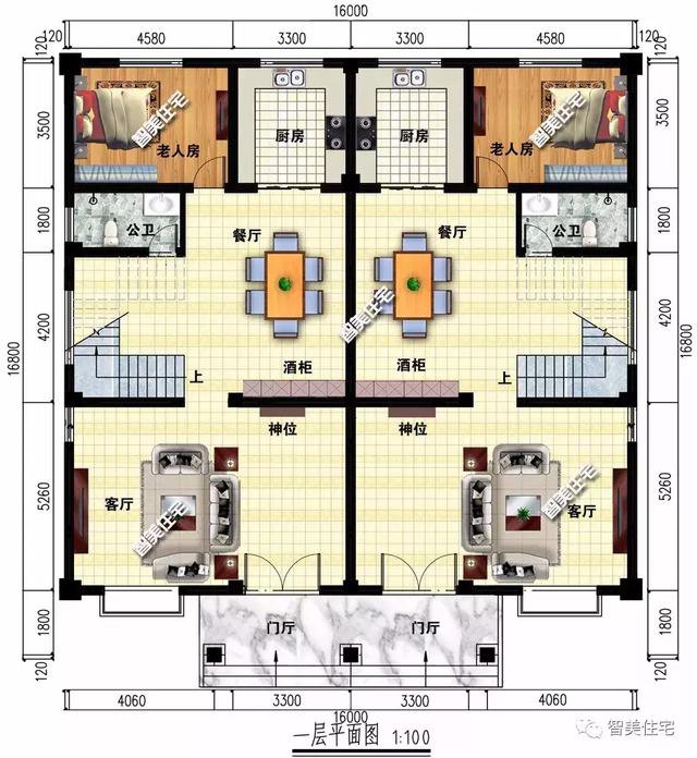 16×16.8米三層兄弟雙拼自建房，平頂設(shè)計戶型