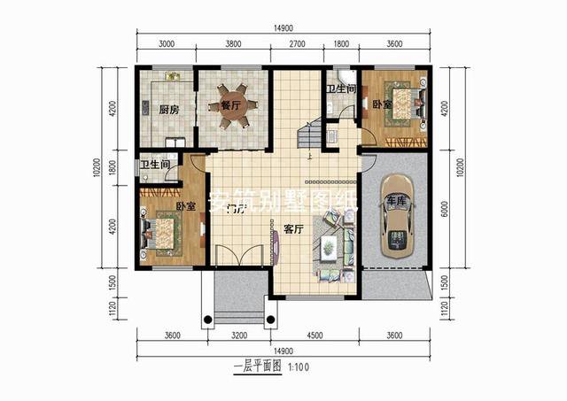 開間15米帶車庫的二層簡單樓房戶型圖，簡歐風(fēng)格
