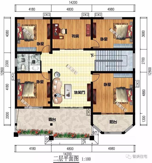 14.2×12.8米二層新民居設計圖，河南客戶私人定制