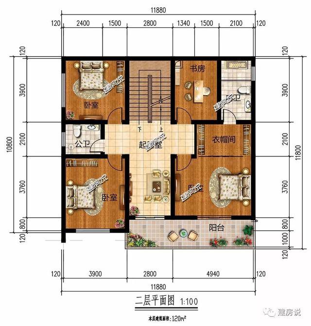 現代風格二層新民居住宅戶型圖，平屋頂設計可以當露臺