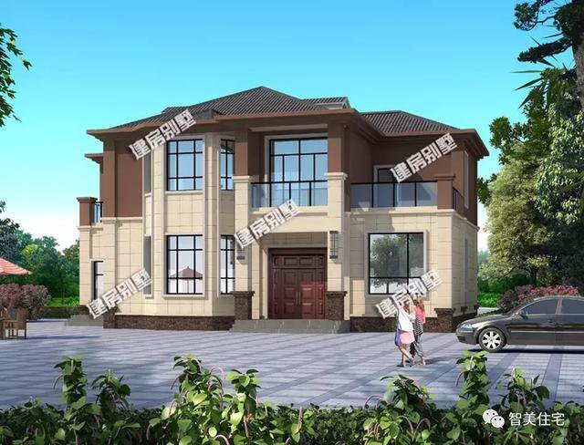 2款大面寬的農村自建房戶型圖，一個新中式，一個偏歐式