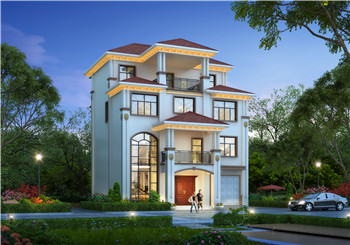 簡歐式三層半（4層）農(nóng)村自建房別墅設(shè)計圖效果圖，帶車庫戶型方正大氣