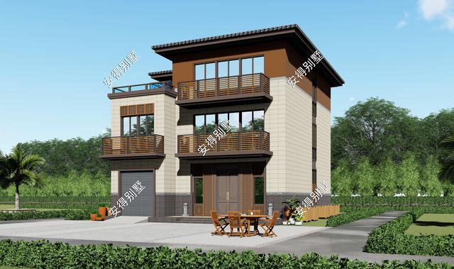 10x12.2m3層中式平屋頂帶車庫(kù)自建房子戶型圖，住著很舒服