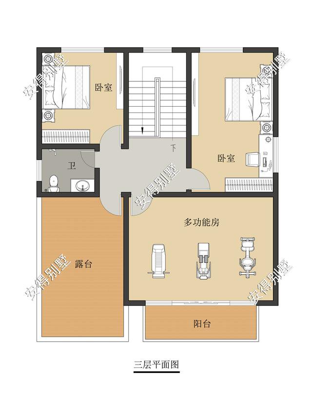 10x12.2m3層中式平屋頂帶車庫(kù)自建房子戶型圖，住著很舒服