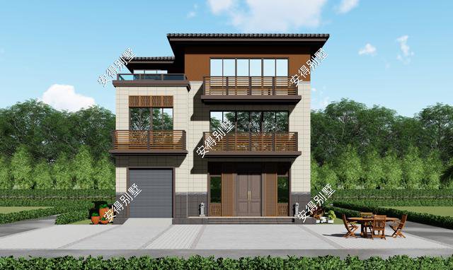 10x12.2m3層中式平屋頂帶車庫(kù)自建房子戶型圖，住著很舒服