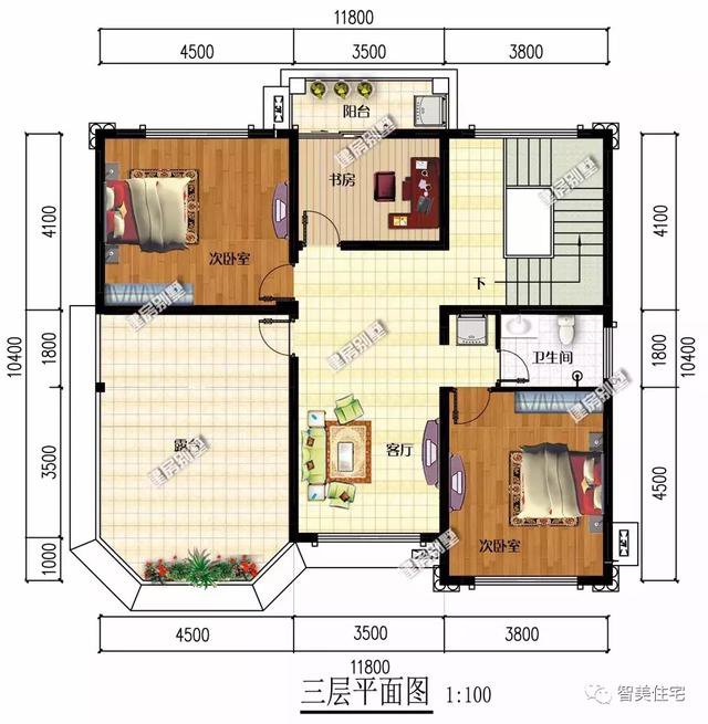 帶地下室簡歐三層自建房子戶型方案圖，還帶露臺