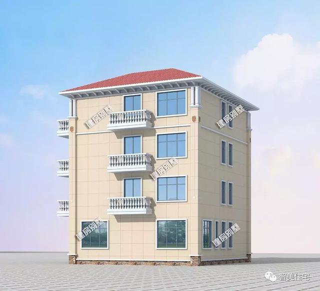 多陽臺設(shè)計的四層樓房住宅戶型圖，外觀用真石漆裝飾