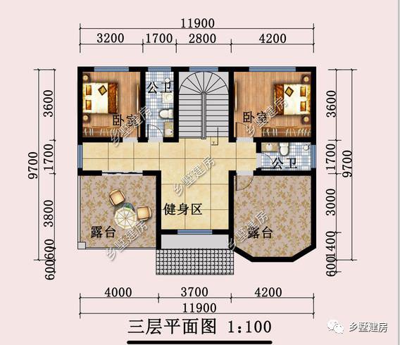 開間11.9米，進深9.7米的三層歐式住房戶型圖