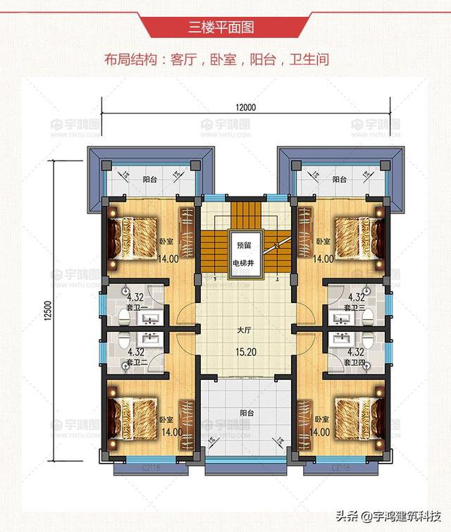 三款豪華大氣的農村住房戶型圖，三層、四層都有